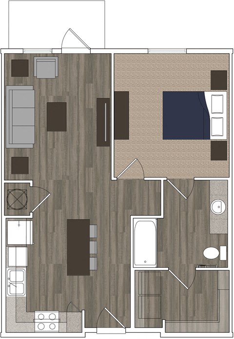 Floor plan for 1 bed, 1 bath, 721 sqft